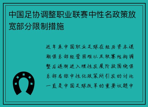 中国足协调整职业联赛中性名政策放宽部分限制措施